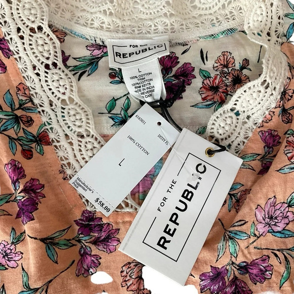 For The Republic High low Crochet Trim Orange Top Shirt Floral Boho Relax Large - Picture 5 of 6